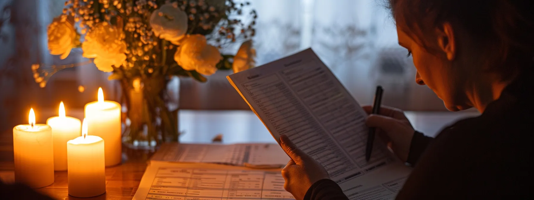 a person looking at a cost breakdown sheet for funeral expenses, comparing traditional burials with more affordable alternatives like cremation.