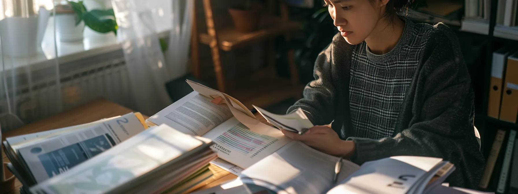 a person sitting at a desk surrounded by paperwork and funeral planning brochures, looking contemplative and focused.