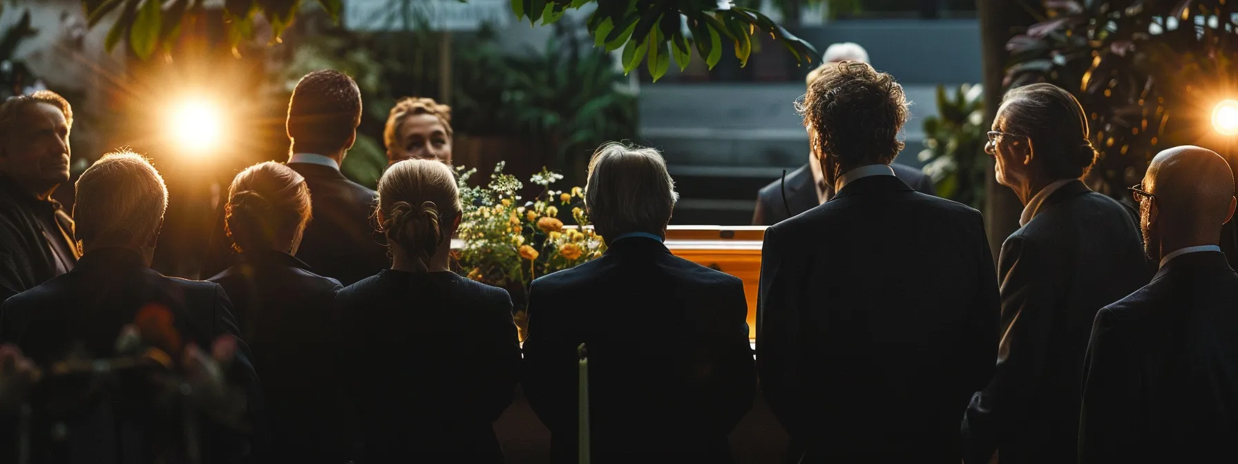 a group of somber individuals gathered around a casket at a funeral service.