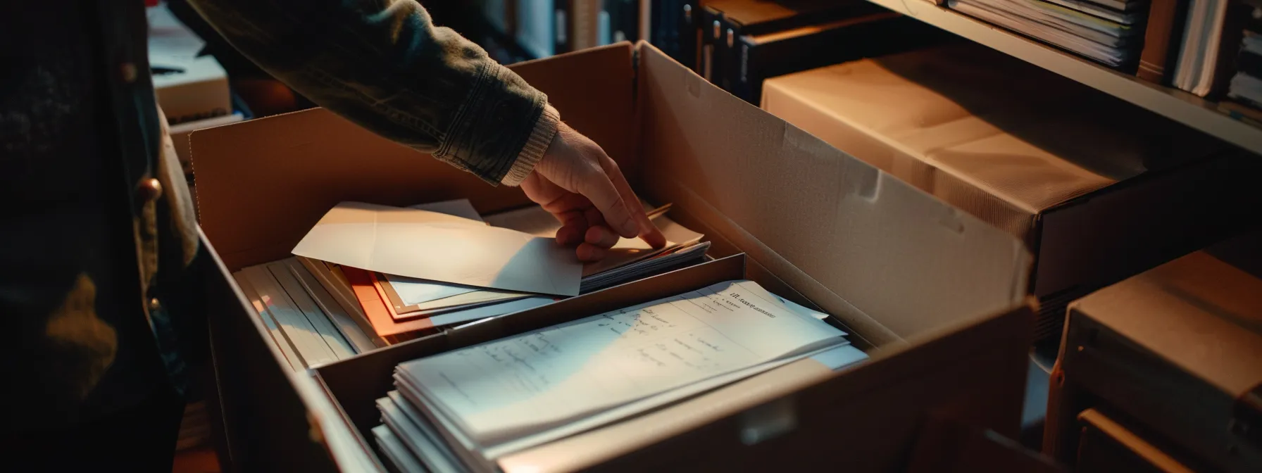 a person carefully organizing important documents and files in a secure storage box.