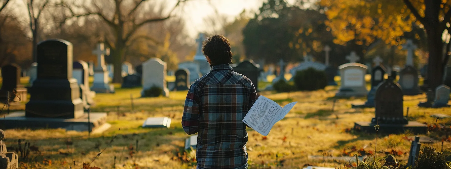 a person standing in a cemetery, looking at a row of burial plots while holding a paper with burial and cremation options.